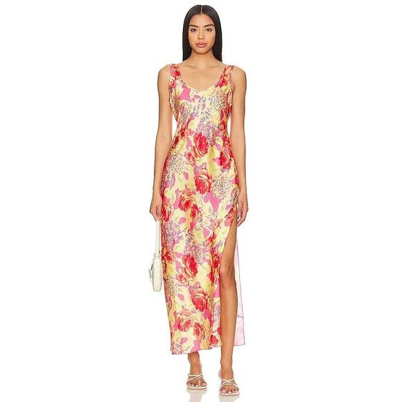 New Free People x Intimately Floral Maxi Dress Pink High Slit Sleeveless Sz L - Picture 1 of 9